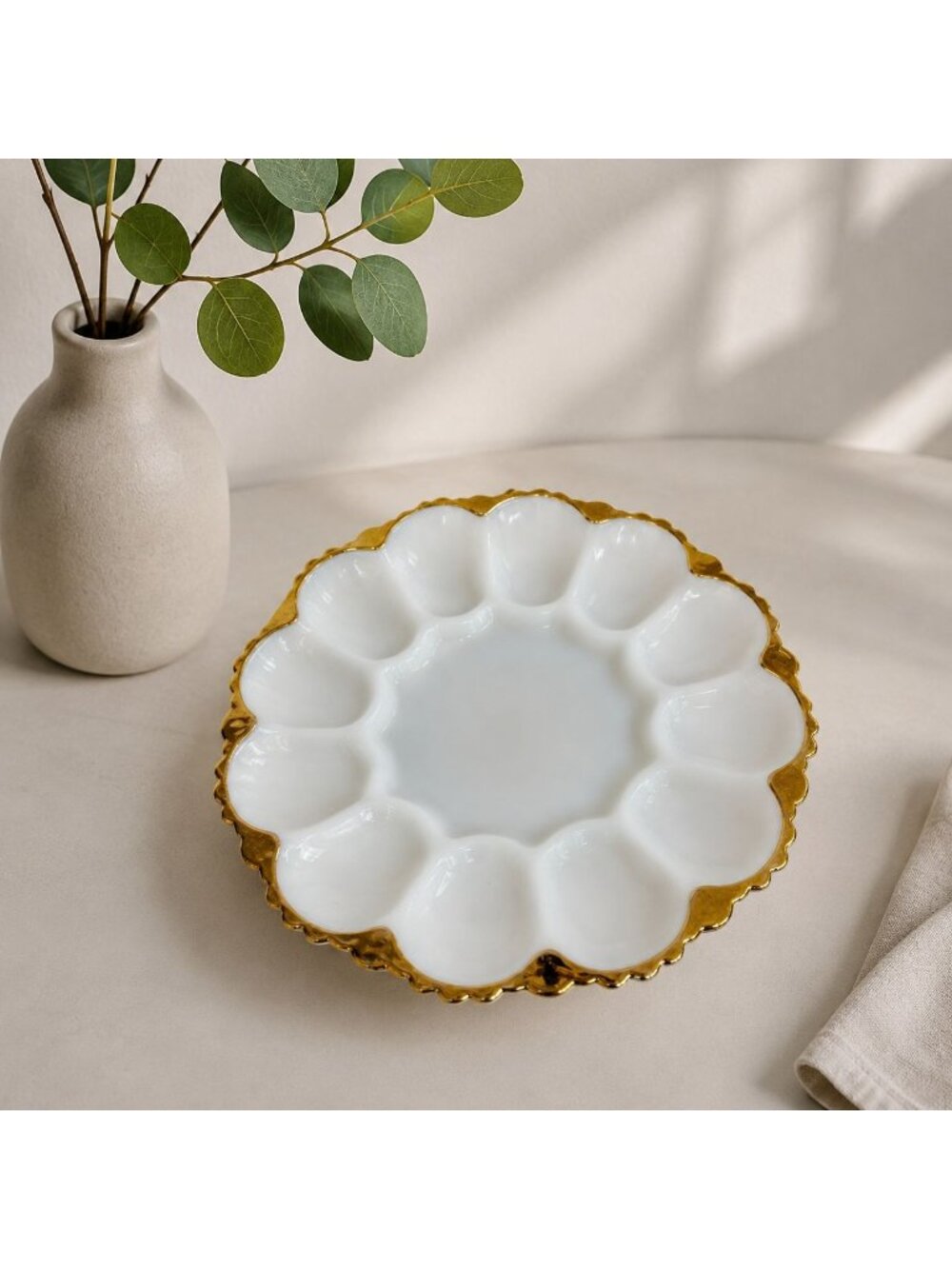 Anchor Hocking Milk Glass Deviled Egg Platter Gold Trim Vintage Serving Tray USA